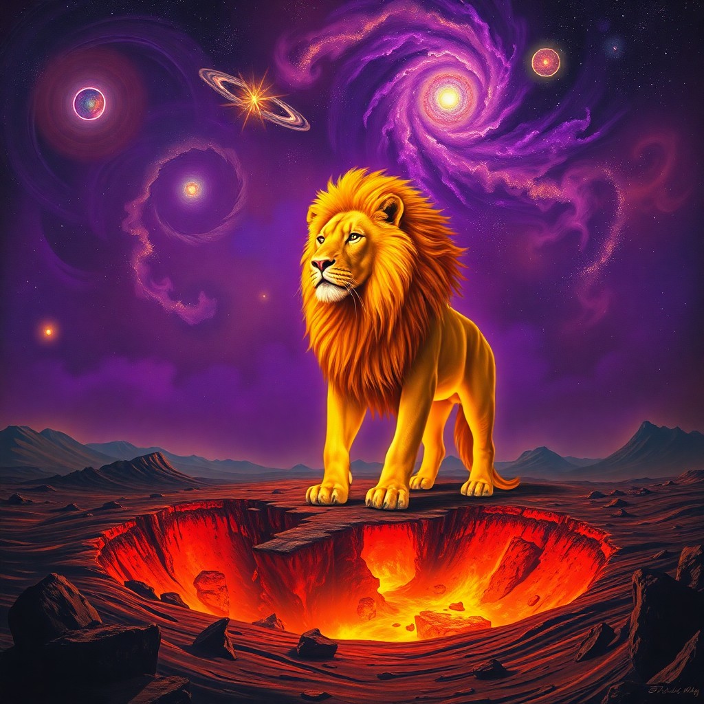 AI generated art for prompt: In a surreal dreamscape reminiscent of Dali's paintings, envision a majestic golden lion emerging fr