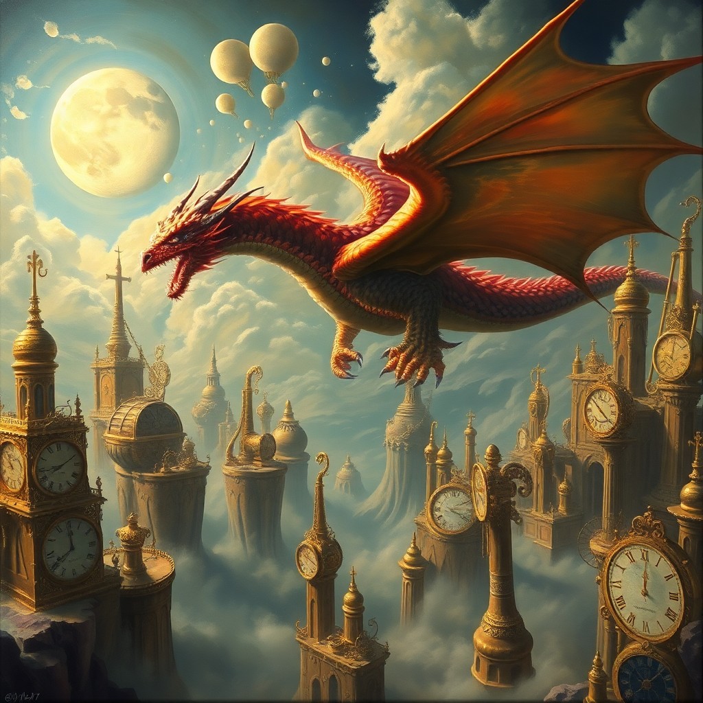 AI generated art for prompt: A mesmerizing oil painting captures a grand dragon soaring through a fantastical dreamscape reminisc