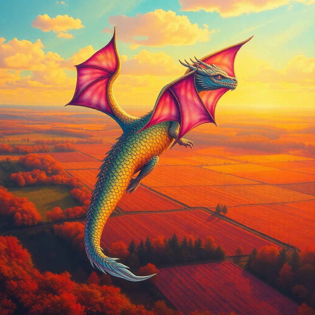 AI generated art for prompt: A magnificent mythical creature glides through an autumn sky, its scales reflecting colors reminisce