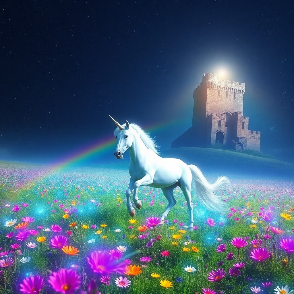 AI generated art for prompt: Imagine a captivating digital scene where a majestic unicorn elegantly gallops across a lively meado