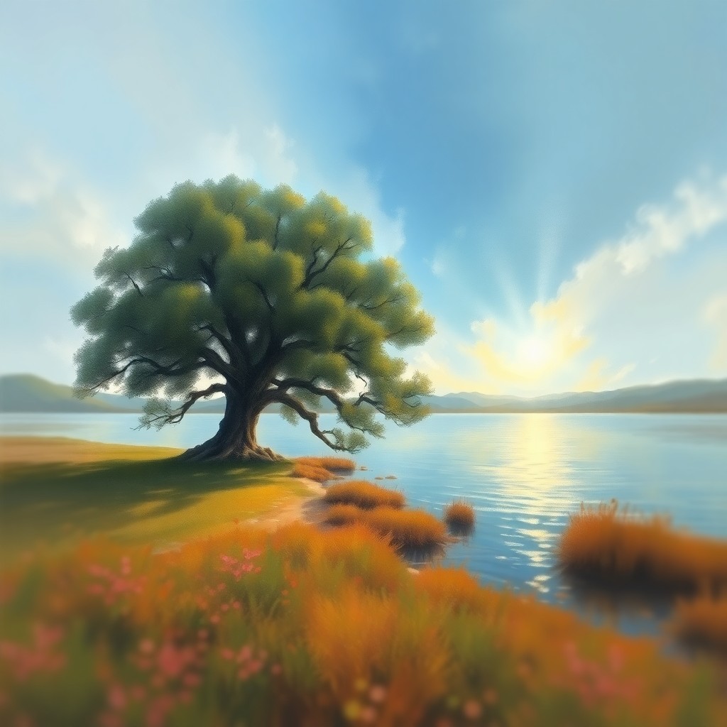 AI generated art for prompt: Imagine a serene landscape in an enchanting impressionistic style, where a majestic, ancient tree st