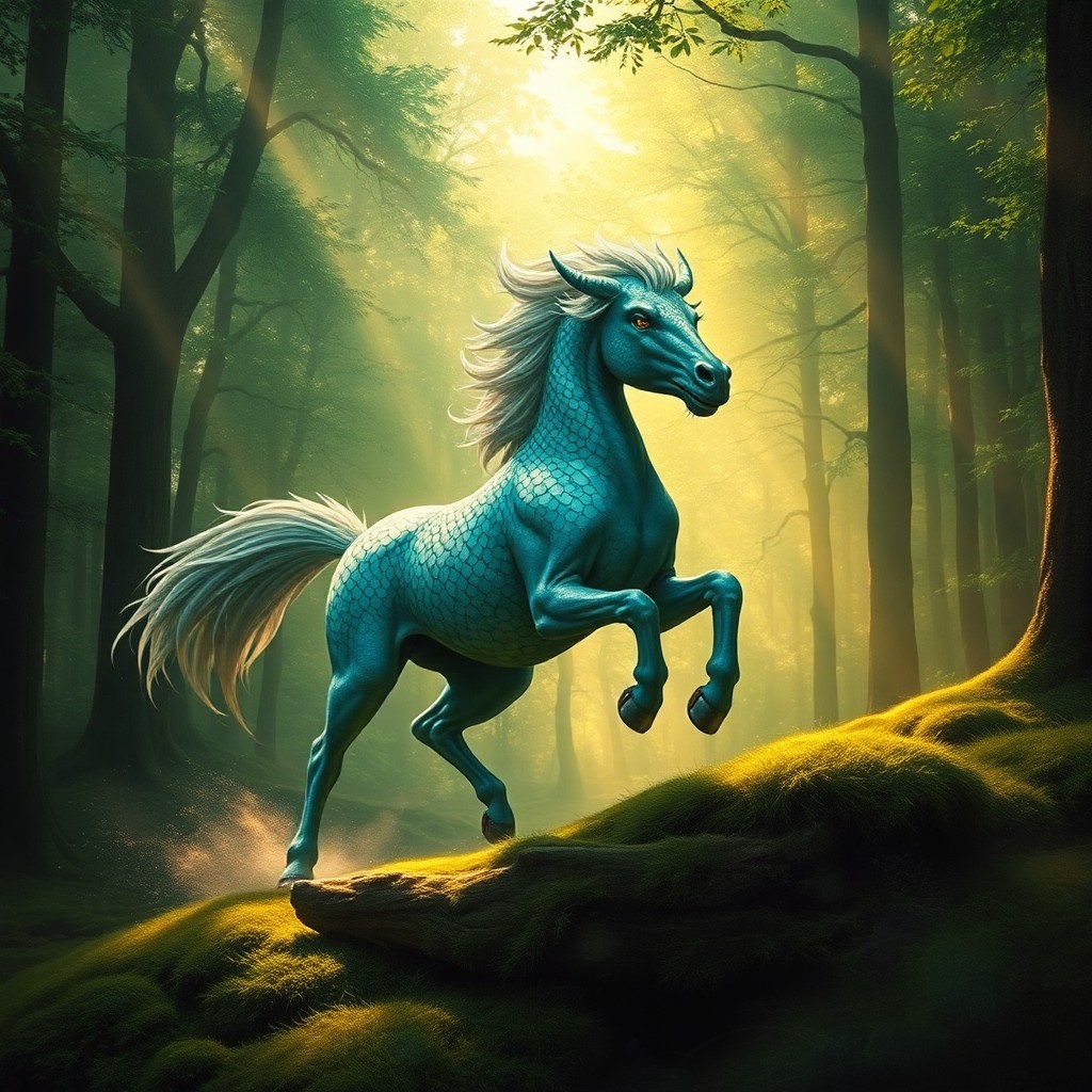 AI generated art for prompt: A majestic mythical creature gallops gracefully through an enchanting forest, reminiscent of Gustave