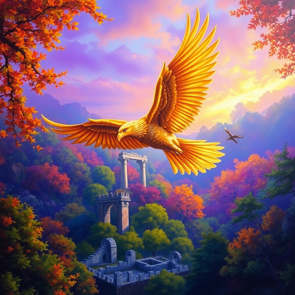 AI generated art for prompt: A majestic griffin soars through an enchanted forest at dusk, its golden feathers blending seamlessl