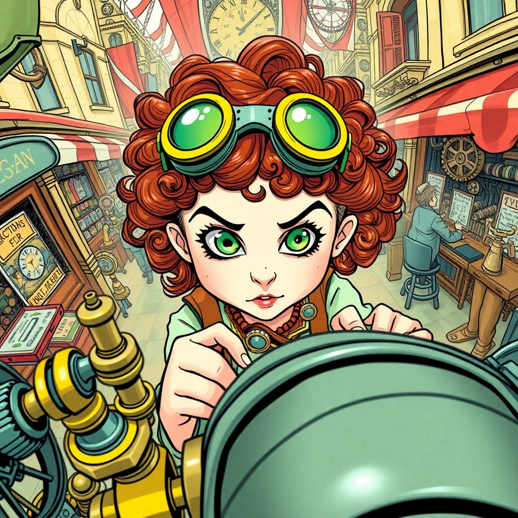 AI generated art for prompt: A whimsical steampunk-inspired illustration showcases a determined young girl with curly brown hair 