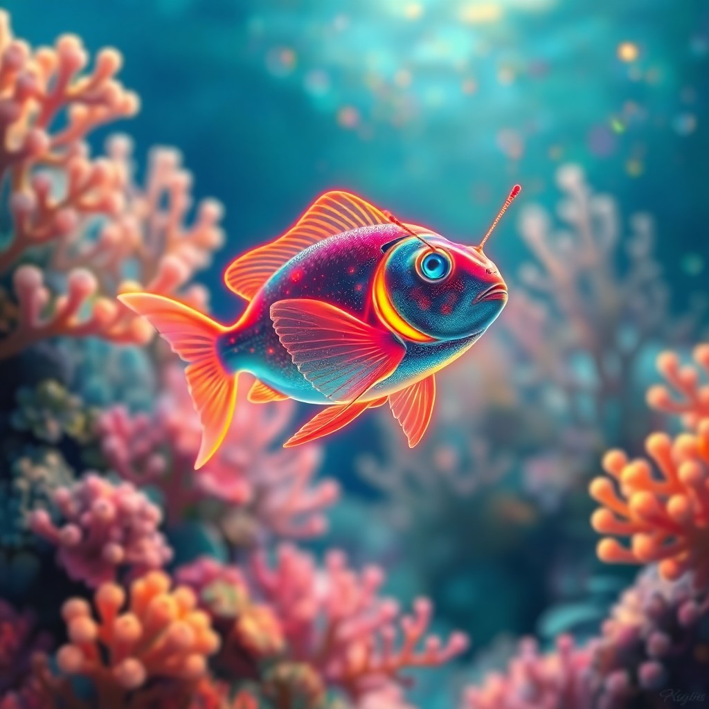 AI generated art for prompt: A whimsical blend of impressionism and digital art captures a sentient, neon-illuminated fish swimmi