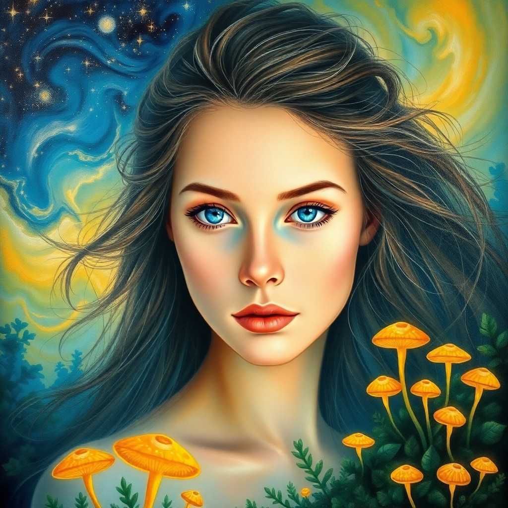 AI generated art for prompt: A serene portrait captures the ethereal beauty of an enigmatic young woman with piercing blue eyes, 