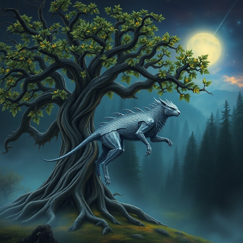 AI generated art for prompt: A surreal landscape depicting an ancient tree with gnarled roots and glowing leaves at the edge of a
