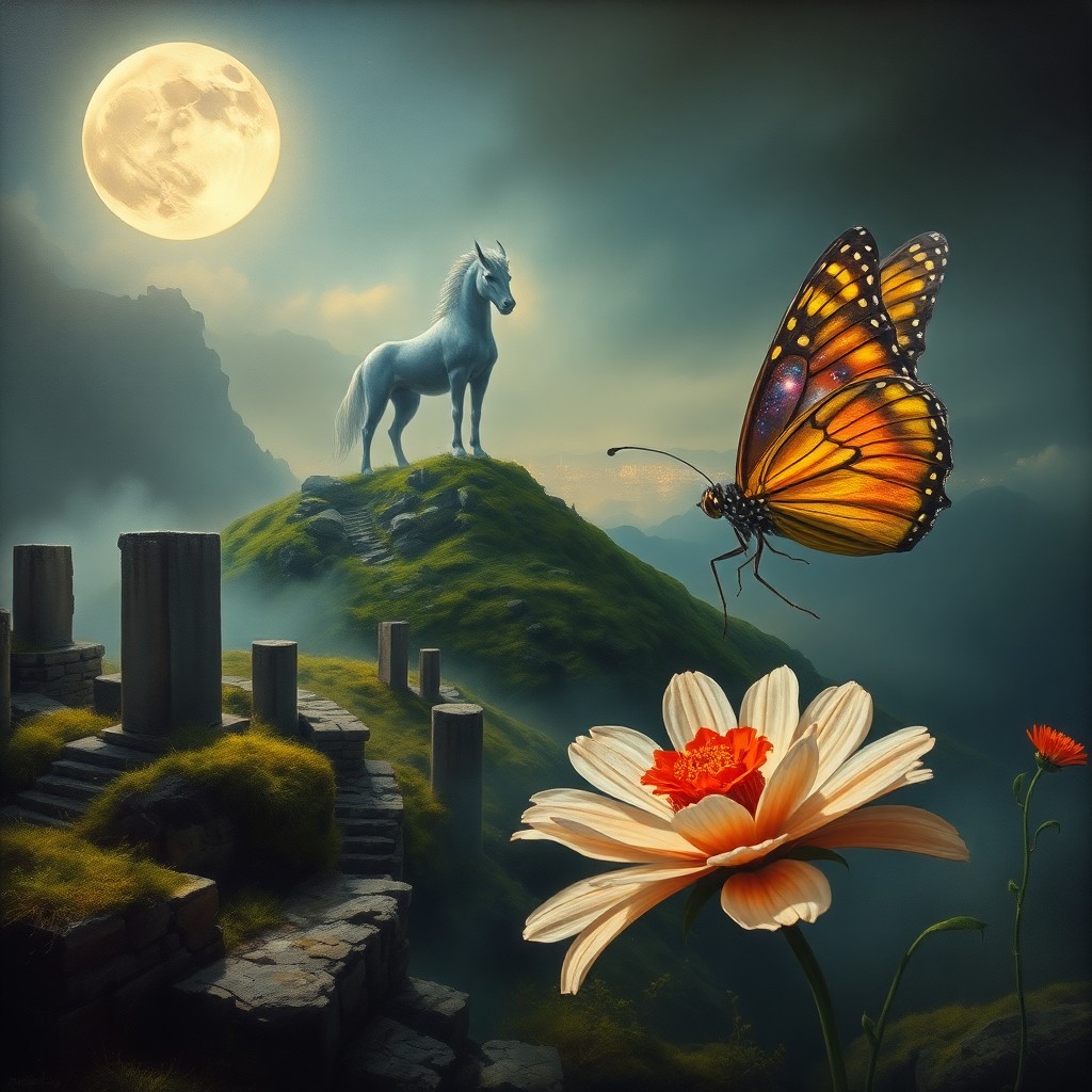 AI generated art for prompt: A surreal oil painting captures a moonlit scene where a majestic creature stands atop a misty hill, 