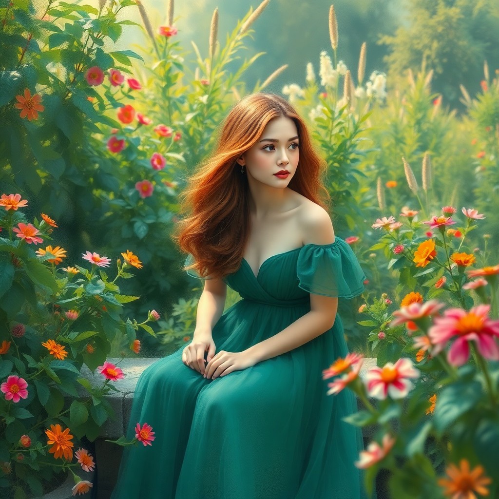AI generated art for prompt: Imagine an impressionistic garden scene where a young woman with flowing chestnut hair and a delicat