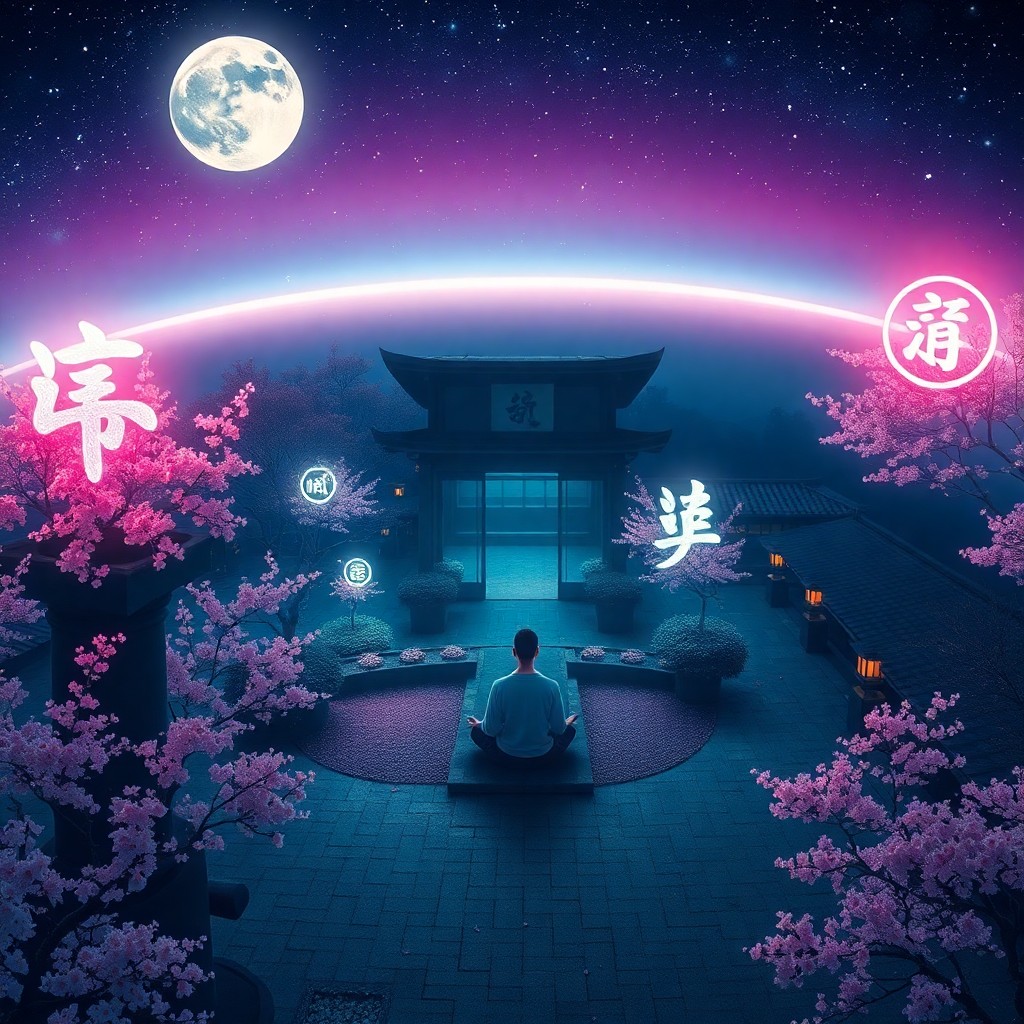 AI generated art for prompt: Delve into a captivating fusion of cyberpunk and traditional Japanese aesthetics, where an aerial vi