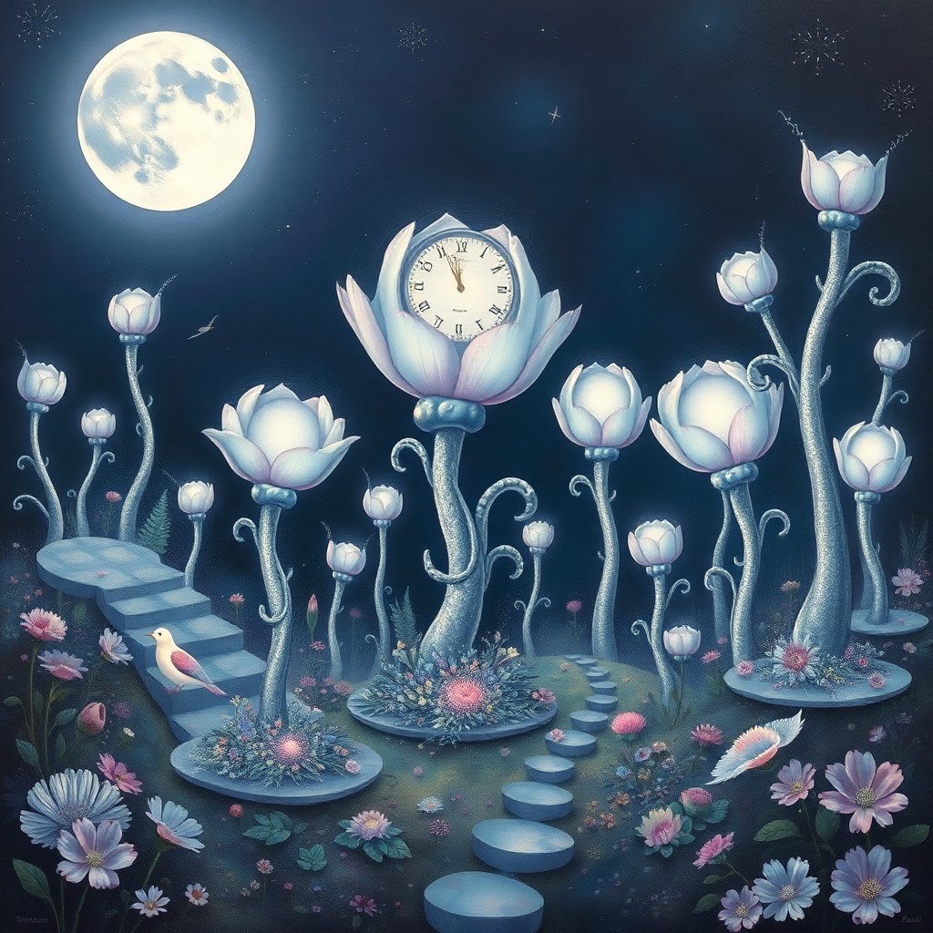 AI generated art for prompt: In this dreamlike nocturnal garden, an otherworldly creature roams amidst fantastical flora and faun