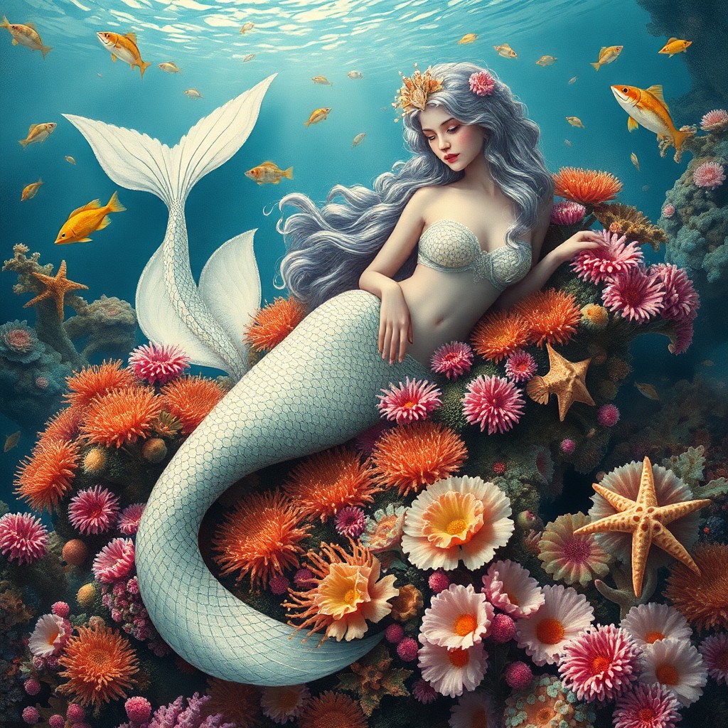 AI generated art for prompt: Imagine an alluring underwater tableau reminiscent of Ernst Haeckel's captivating marine life drawin