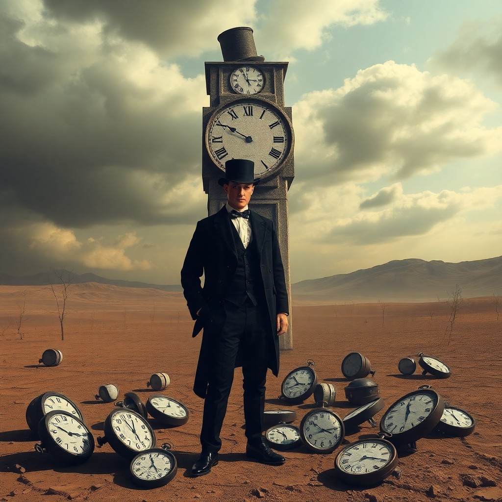 AI generated art for prompt: Craft an enigmatic dreamscape reminiscent of Salvador Dali's iconic works, with a towering clock in 