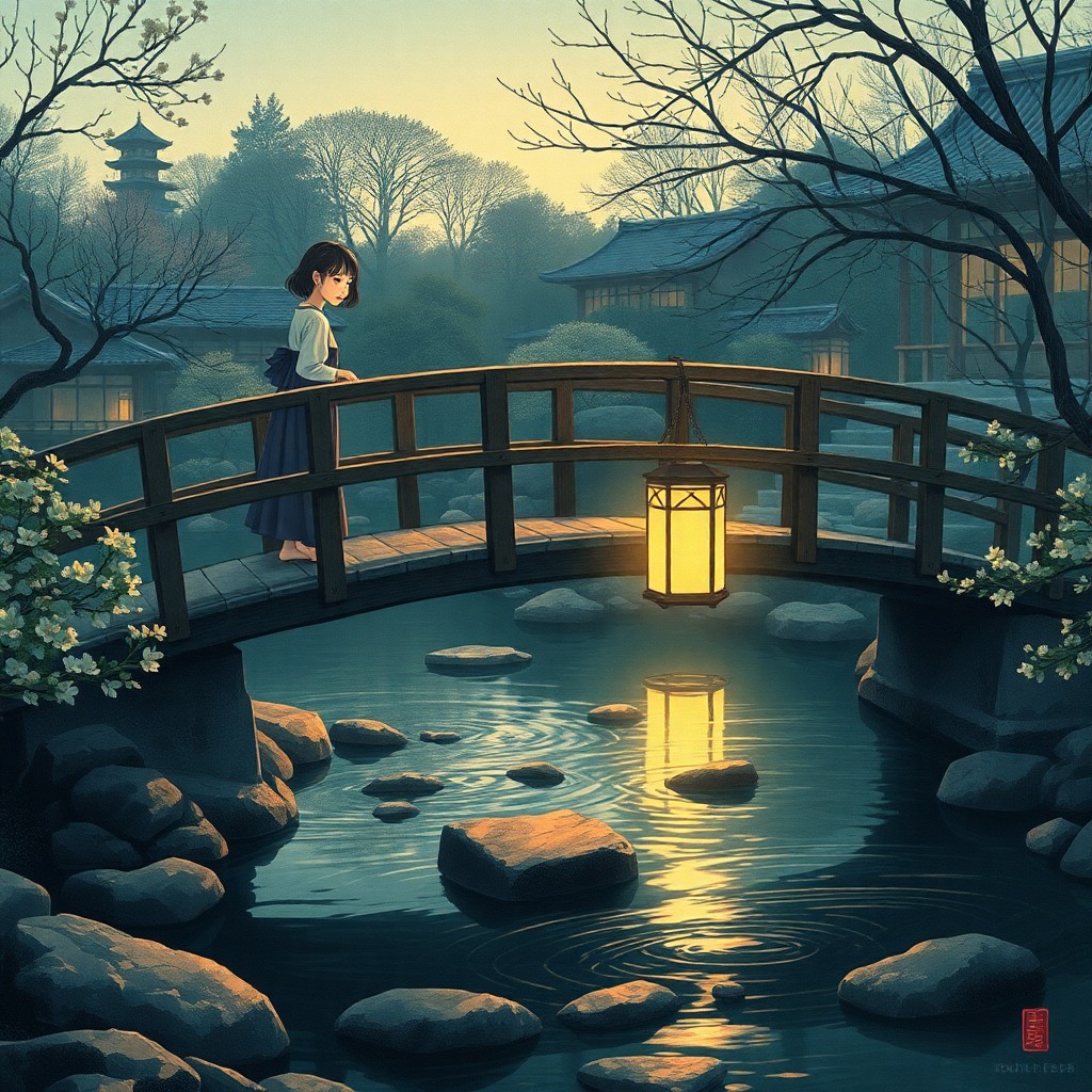 AI generated art for prompt: Imagine an idyllic Japanese garden bathed in the soft light of evening, reminiscent of Ukiyo-e woodb