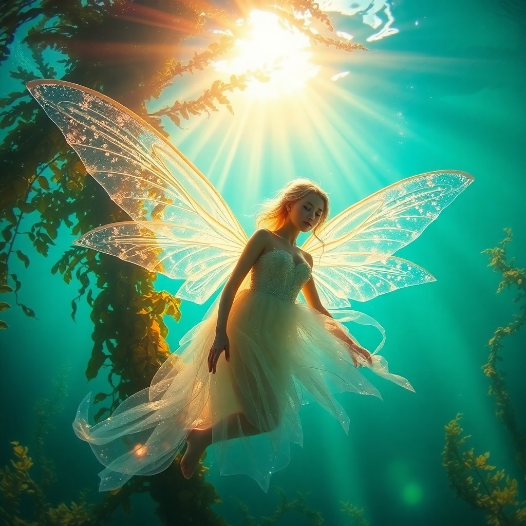 AI generated art for prompt: An ethereal fairy queen with iridescent wings and a gossamer gown is captured in hyper-realistic dig