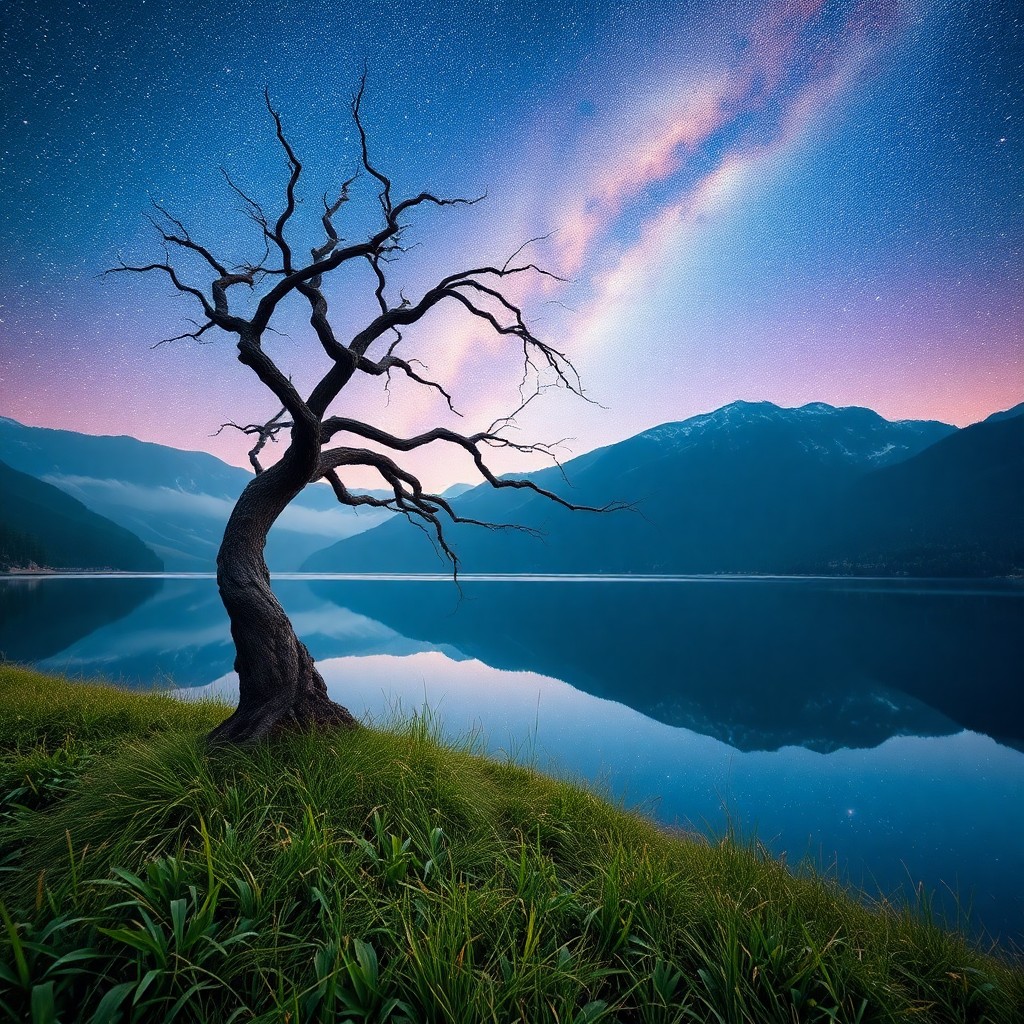 AI generated art for prompt: Envision a serene mountain lake mirroring the starlit heavens in an enchanting, dreamlike setting re
