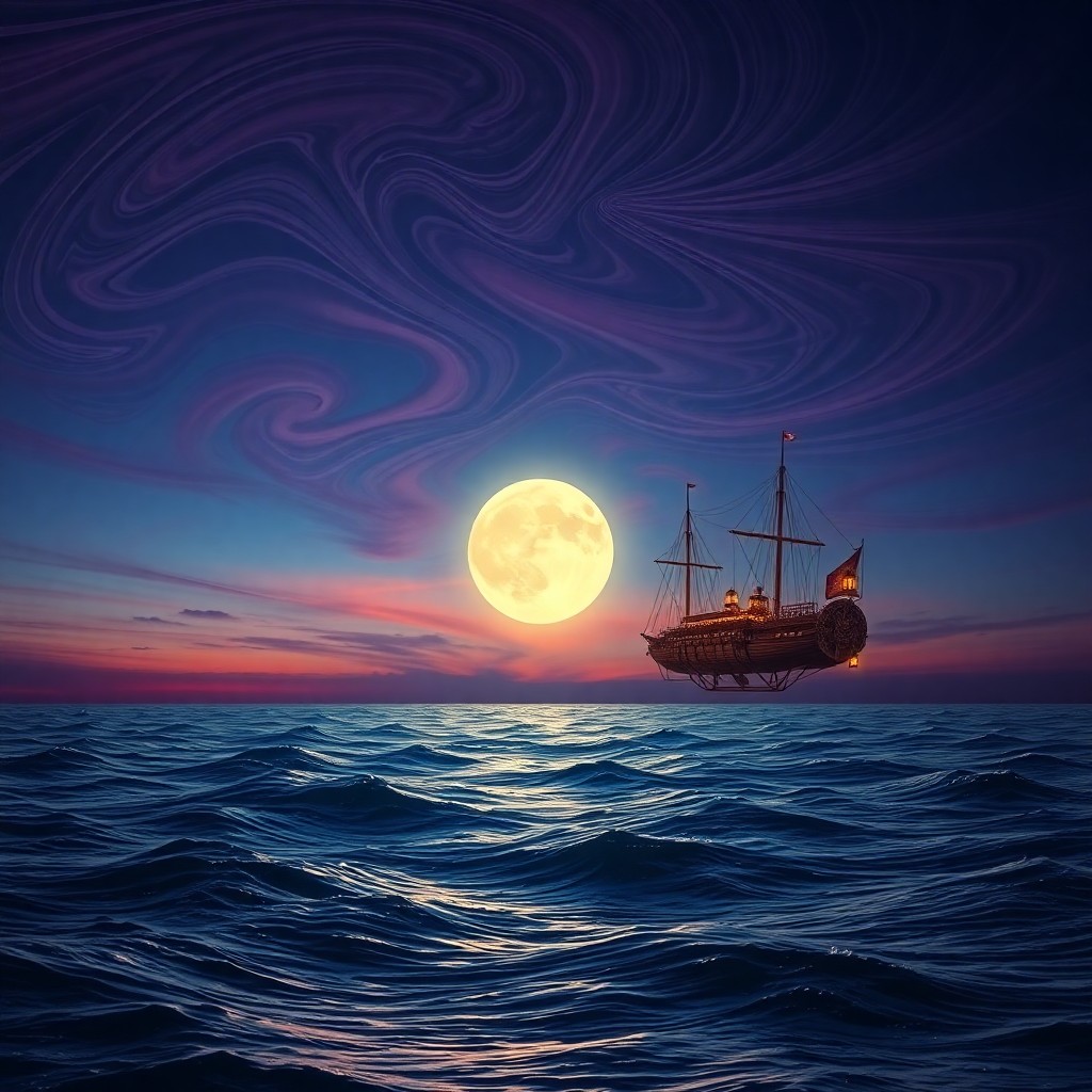 AI generated art for prompt: A mesmerizing seascape at twilight, reminiscent of surreal visions with steampunk elements, features