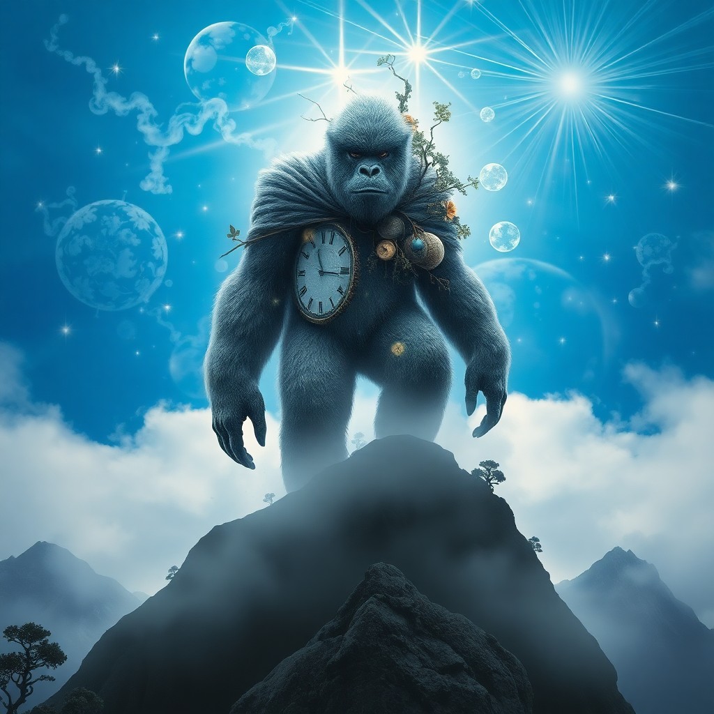 AI generated art for prompt: Craft an image embodying surrealism with a majestic yeti standing atop a fog-shrouded mountain peak,