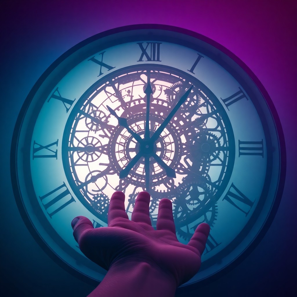 AI generated art for prompt: Imagine a whimsical scene within an enormous clock face where time distorts and meanders. From a fir