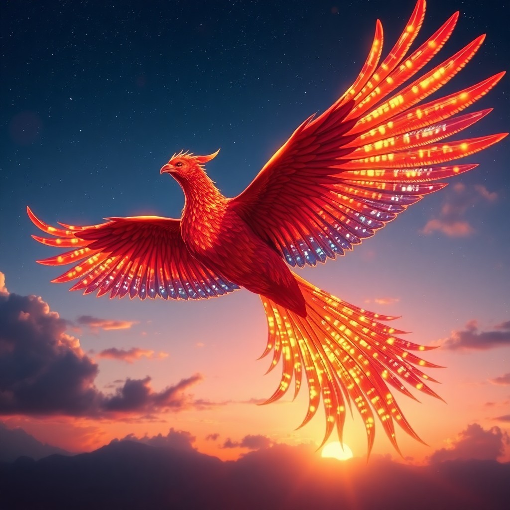 AI generated art for prompt: A magnificent phoenix takes flight into the twilight sky, its vibrant plumage aglow with the warm to