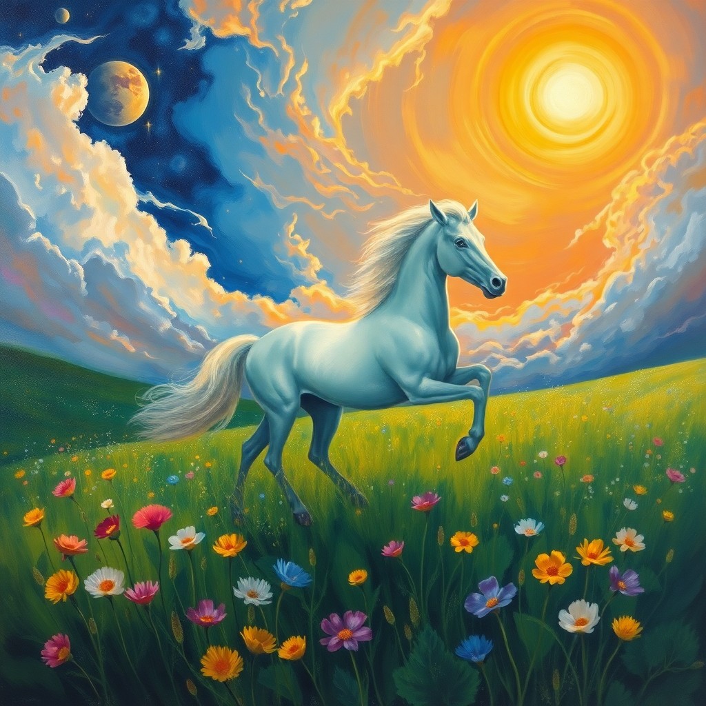 AI generated art for prompt: Envision an enchanting oil painting that captures a majestic creature galloping through a verdant me