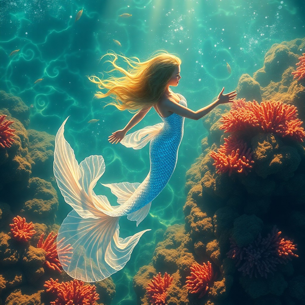 AI generated art for prompt: A mesmerizing digital artwork portrays an ethereal mermaid princess gracefully dancing through an il