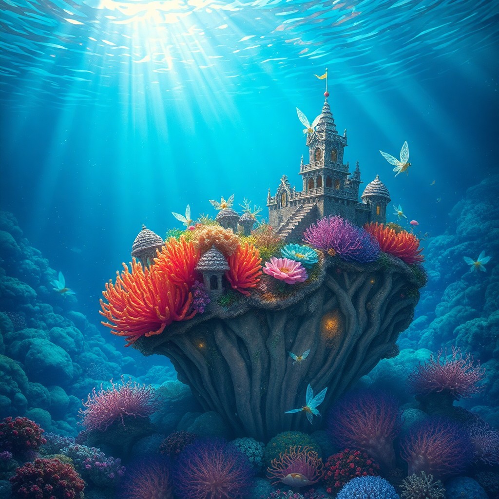 AI generated art for prompt: Imagine an enchanting underwater scene featuring a whimsical fairy kingdom nestled atop a giant, lum