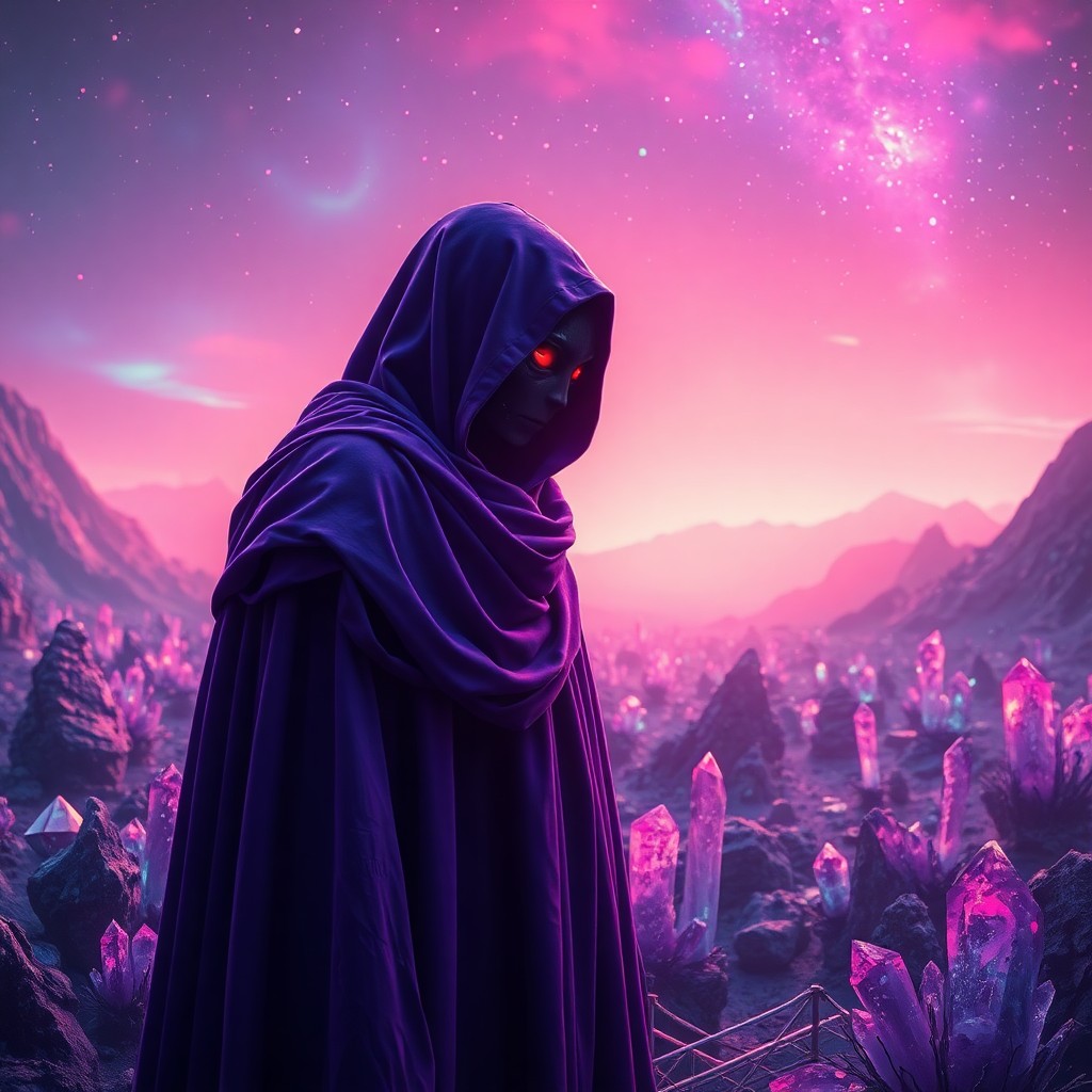 AI generated art for prompt: A mesmerizing digital composition depicts an enigmatic figure draped in rich hues of purple and blue