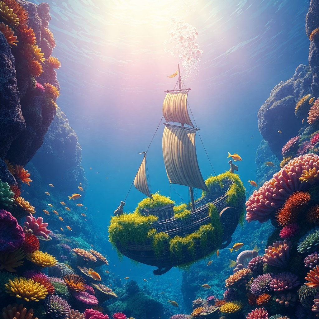 AI generated art for prompt: Envision an underwater landscape resembling the fantastical realms of Studio Ghibli animations, view