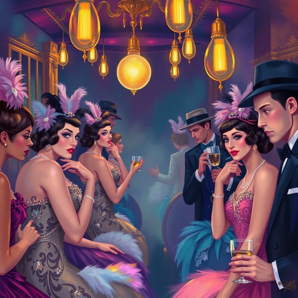 AI generated art for prompt: A vibrant impressionist portrayal of an opulent 1920s nightspot during twilight hours. The artwork s