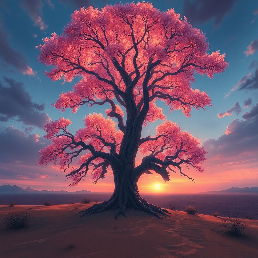 AI generated art for prompt: A dreamlike digital oil painting depicting an awe-inspiring tree with luminous foliage reaching towa