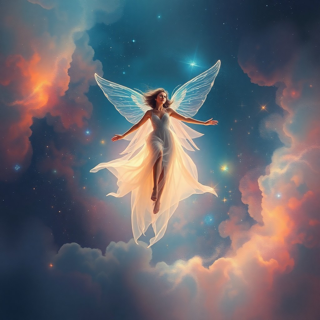 AI generated art for prompt: A celestial enchantress arises from a dreamy, impressionistic nebula, her gossamer wings reflecting 