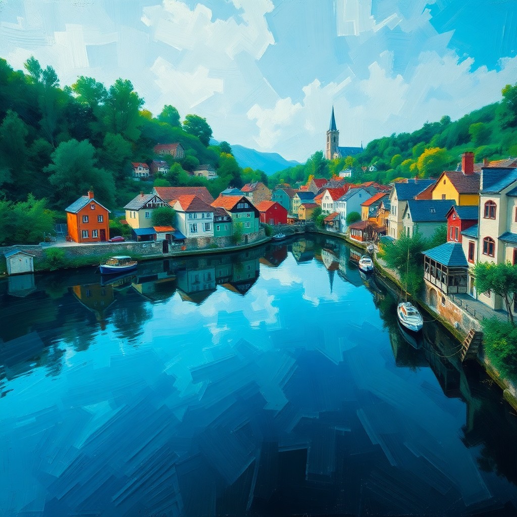 AI generated art for prompt: A tranquil riverside village, reminiscent of impressionist painting, comes to life through a bird's-