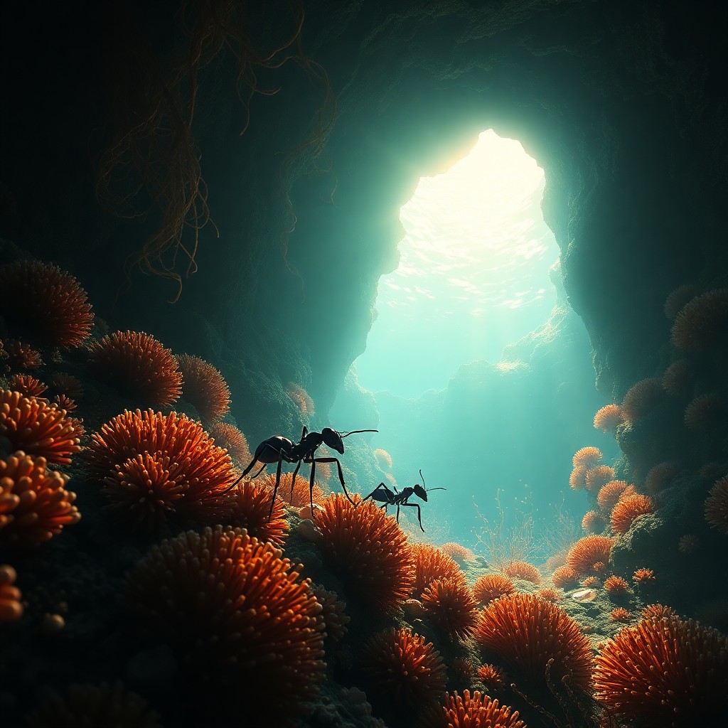 AI generated art for prompt: A surreal digital artwork depicting an underwater realm from an ant's viewpoint, where minuscule cor