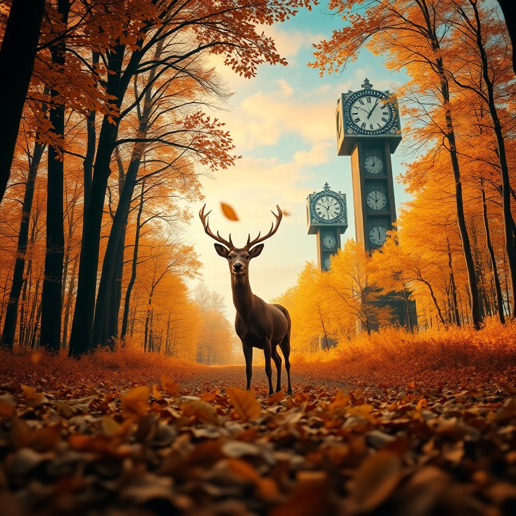 AI generated art for prompt: A surreal digital artwork depicting an autumn forest scene from a low-angle perspective. A majestic 