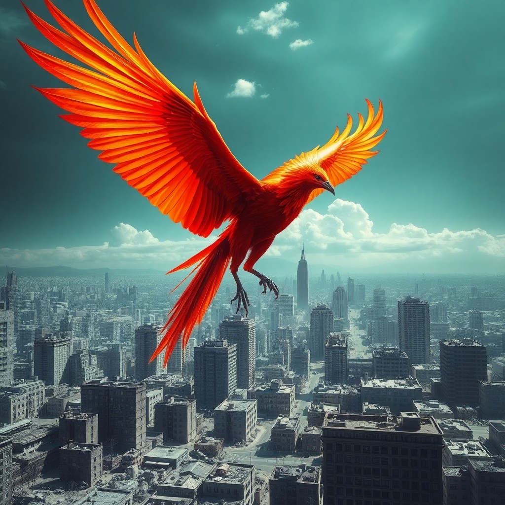 AI generated art for prompt: Imagine a surreal dreamscape where an awe-inspiring phoenix ascends from the remnants of a formerly 