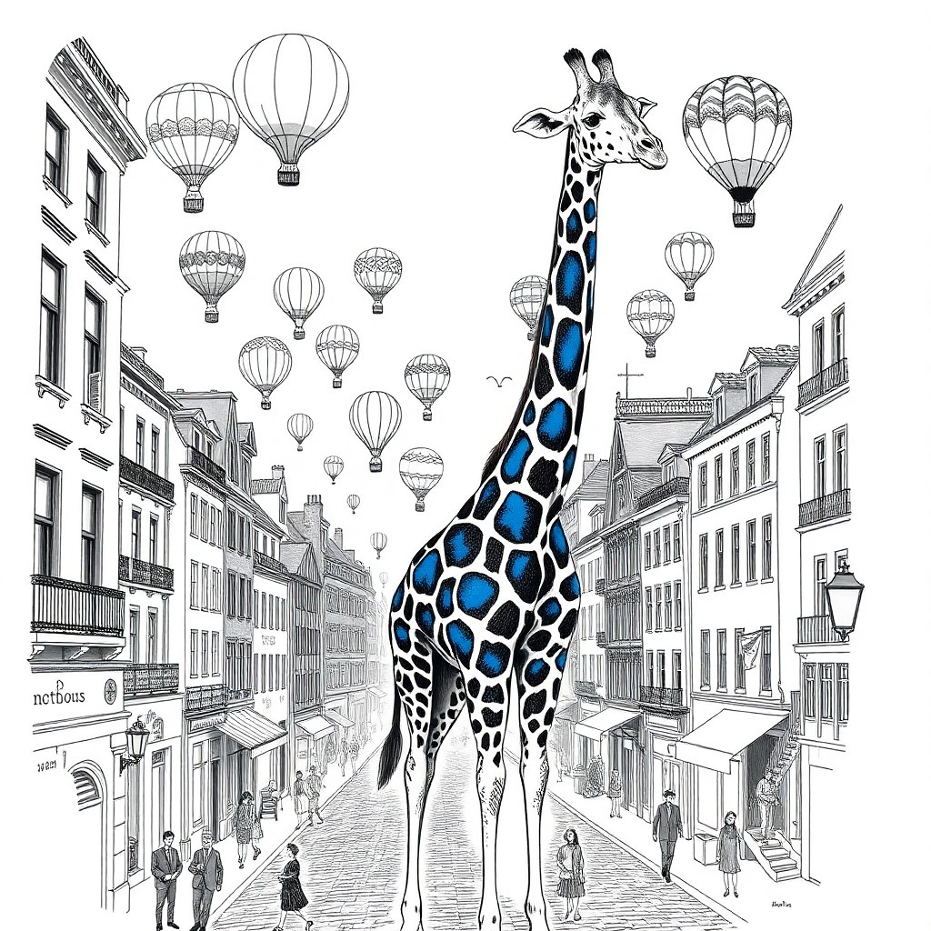 AI generated art for prompt: Envision an enchanting scene where a stately giraffe stands elegantly within a bustling Victorian-er