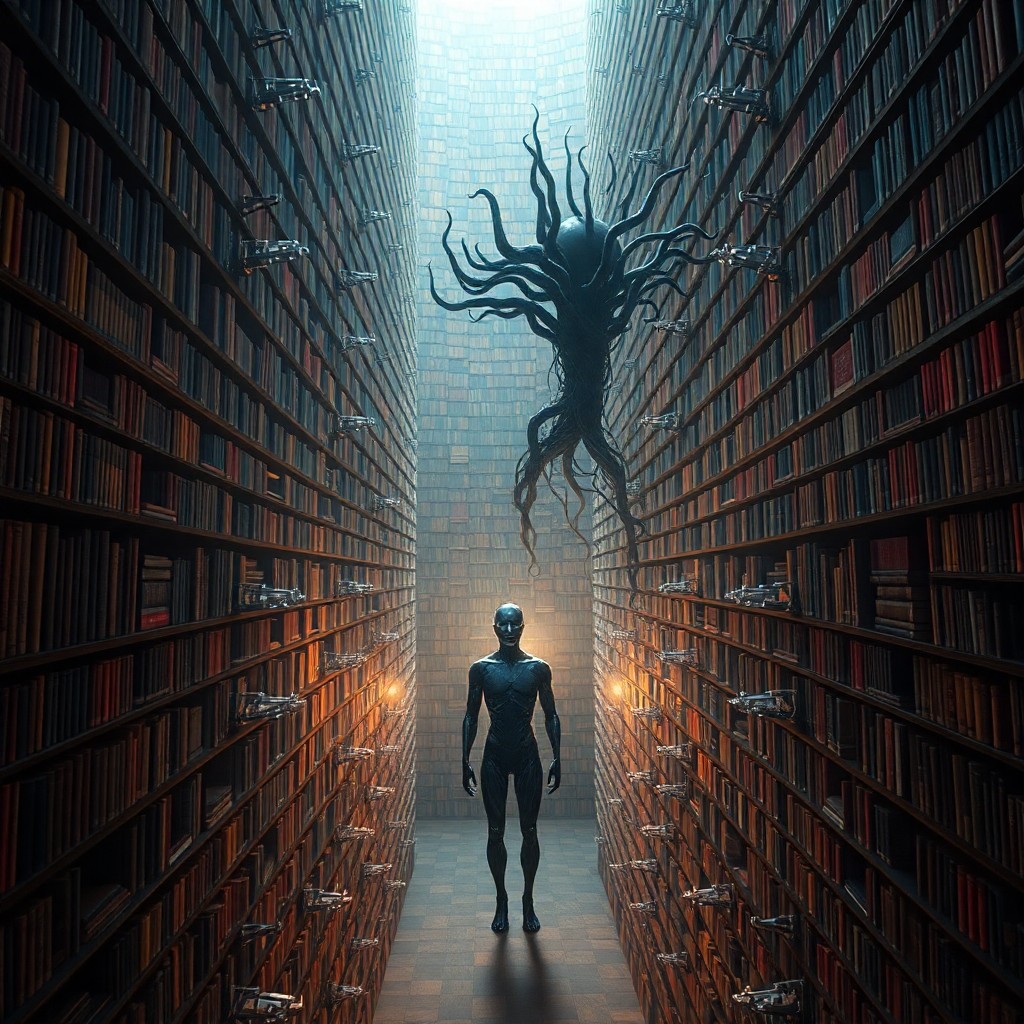 AI generated art for prompt: A surreal digital artwork depicting an expansive, enigmatic library from an overhead viewpoint. The 