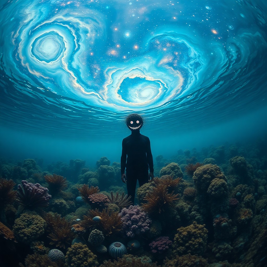 AI generated art for prompt: A surreal seascape depicting an underwater world where a mysterious figure with an enigmatic smile o
