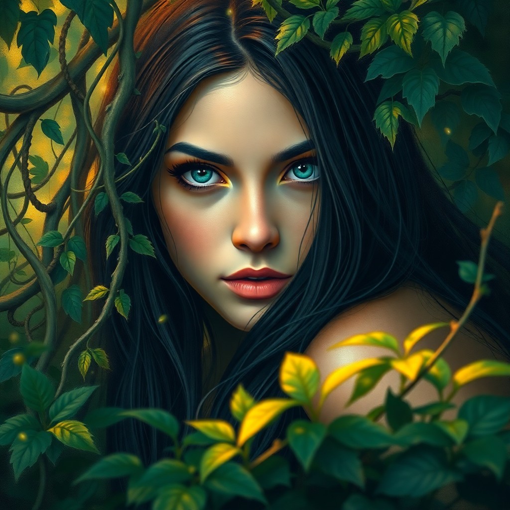 AI generated art for prompt: A surreal, impressionistic portrait depicting a captivating young woman with mesmerizing turquoise e