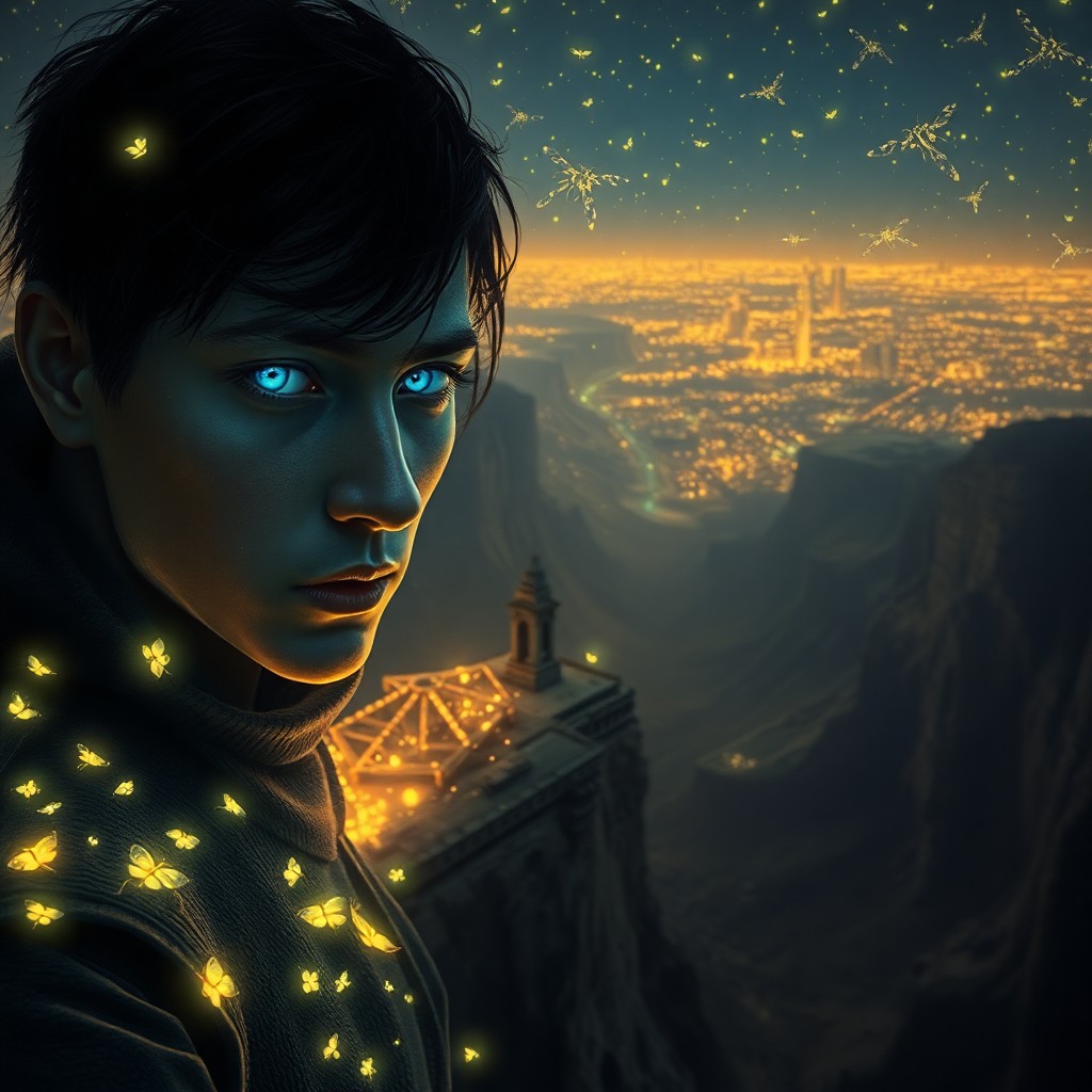 AI generated art for prompt: A captivating portrait reminiscent of dystopian landscapes depicts a solitary figure with mesmerizin