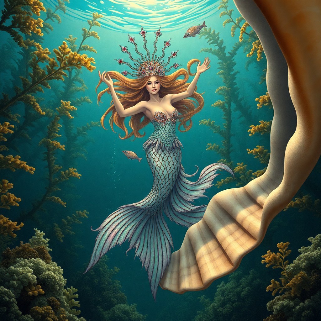 AI generated art for prompt: Craft an underwater scene reminiscent of Gustave Doré's intricate illustrations, showcasing a mesmer