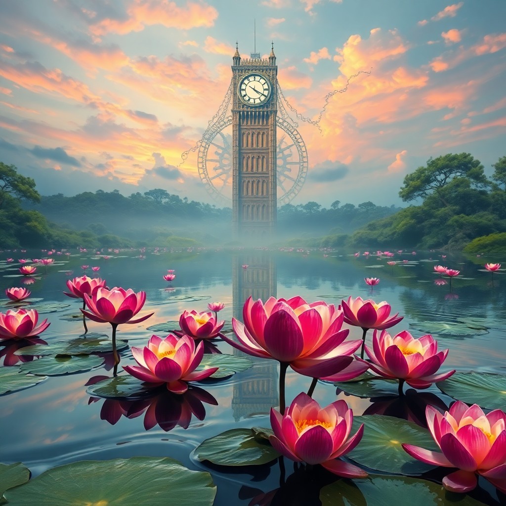 AI generated art for prompt: A surreal landscape depicting a vast pond with blooming lotus flowers at its center, their petals re