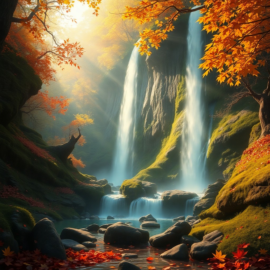 AI generated art for prompt: Craft an enchanting digital artwork depicting a tranquil waterfall tumbling from a cliff face in the