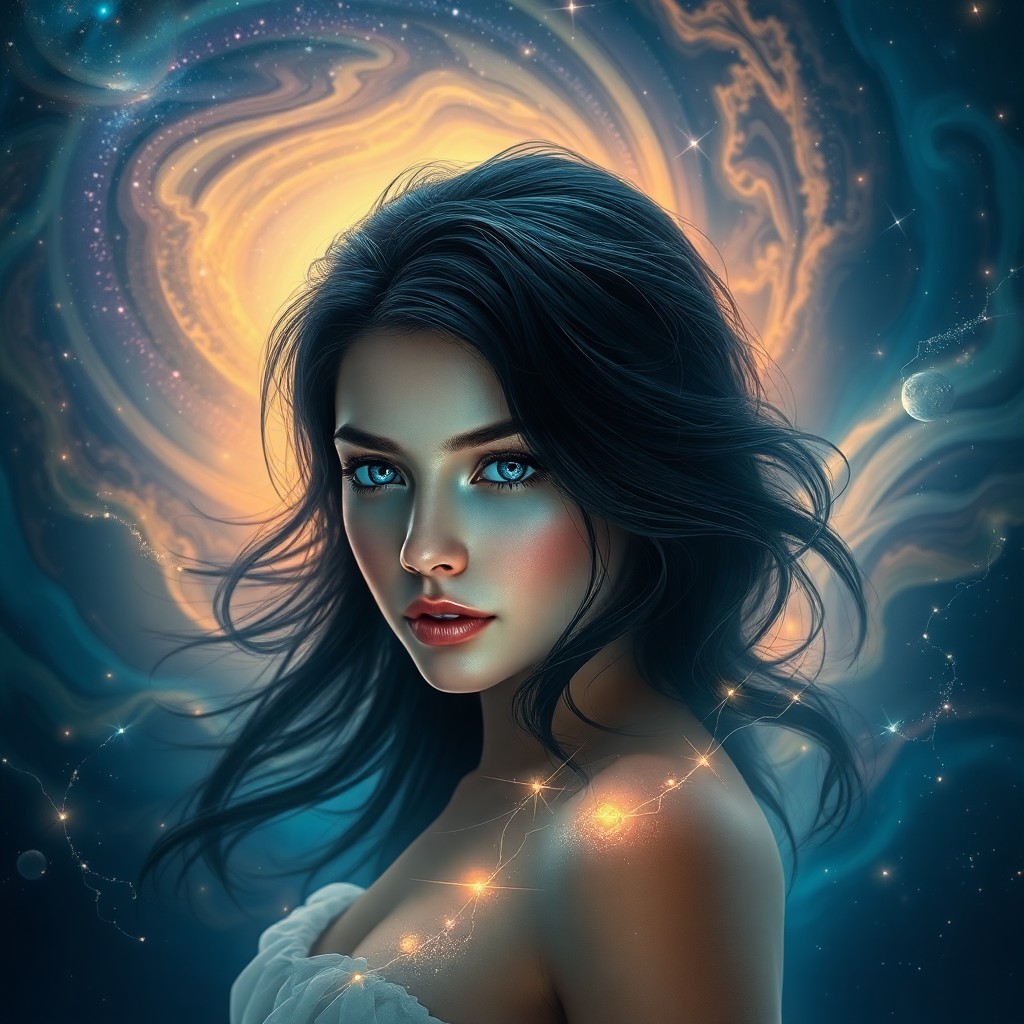 AI generated art for prompt: A portrait in photorealistic digital art depicts a young woman with captivating sapphire eyes and da