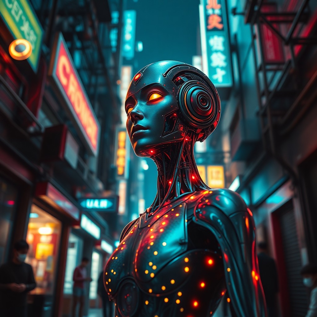 AI generated art for prompt: Imagine a cyberpunk alley illuminated by vibrant neon lights, viewed from an intriguing low-angle pe