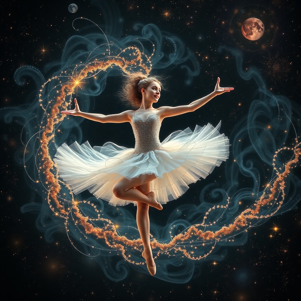 AI generated art for prompt: A surreal digital artwork portrays a celestial ballet dancer in motion, embodying both grace and cha