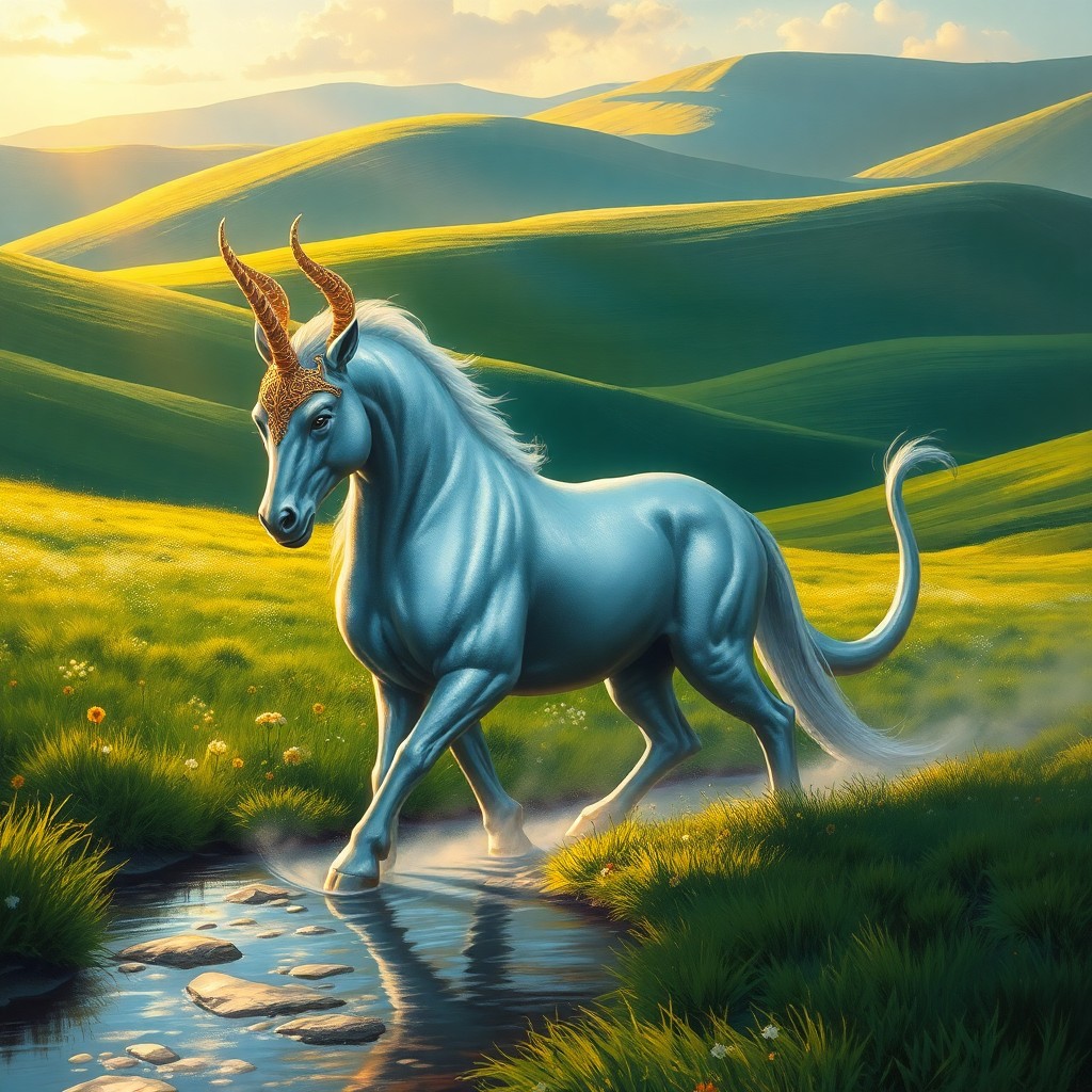 AI generated art for prompt: A majestic mythical creature gracefully traverses a tranquil meadow in an atmospheric landscape styl