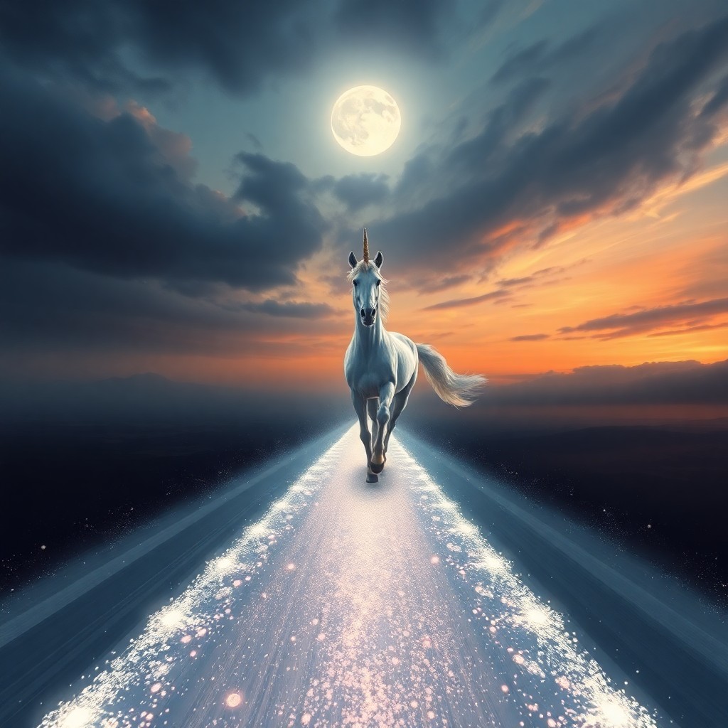 AI generated art for prompt: A surreal digital artwork depicts an awe-inspiring unicorn gracefully galloping across an elongated 