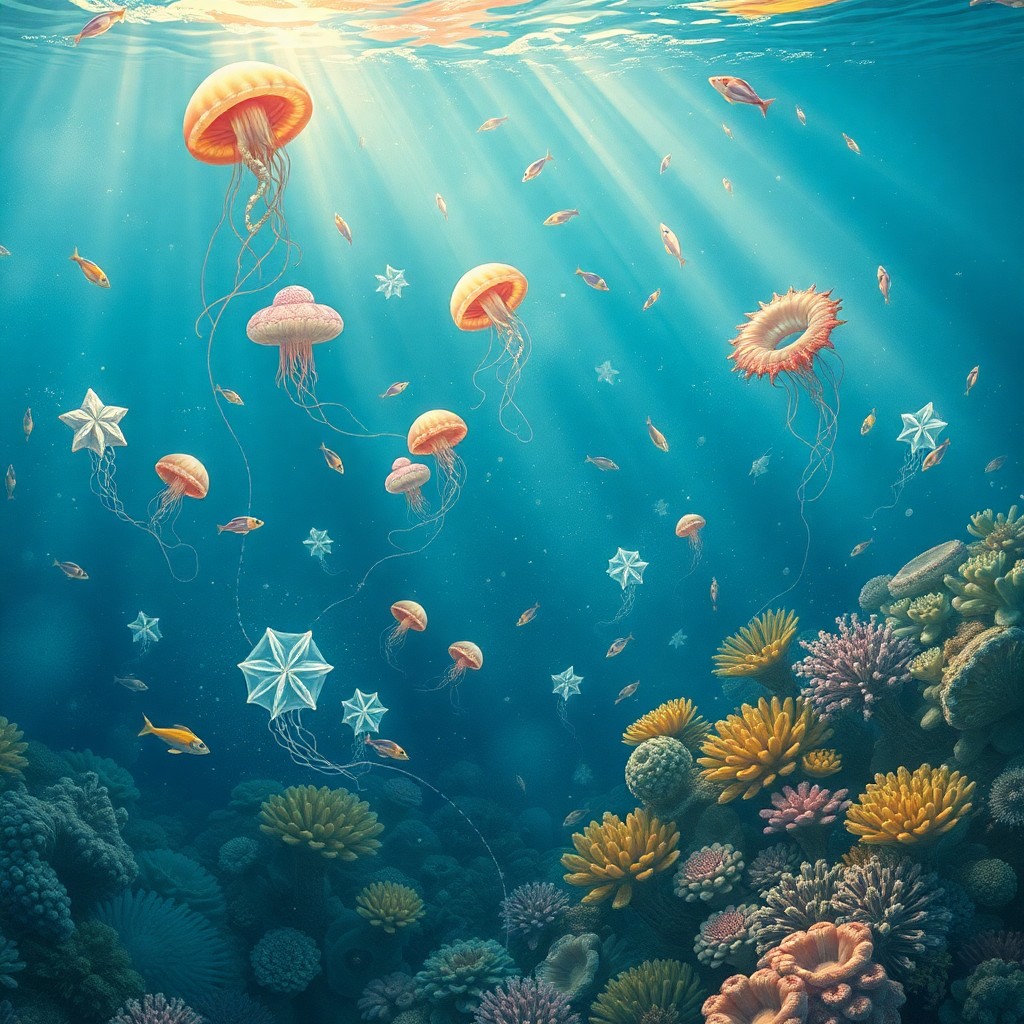 AI generated art for prompt: Craft an image capturing a dynamic underwater realm, blending the enchanting depiction of marine lif